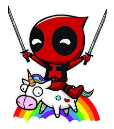 deadpool riding a unicorn on the back of a white horse with two swords in its hands