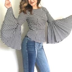 Black And White Nanette Lepore Bond Street Gingham Bell Sleeve Blouse. I Love The Dramatic Bell Sleeves! Boatneck With Bow Tie Back. Hidden Zipper Back. 100% Cotton. Pit To Pit 17", Length 24". Cottagecore, Boho, Bohemian, Coastal Cowgirl, Western Chic Gingham Long Sleeve Tops, Chic Fitted Plaid Top, Chic Plaid Blouse For Picnic, Chic Gingham Blouse For Brunch, Gingham Fitted Top For Fall, Fitted Gingham Tops For Fall, Fitted Gingham Tops For Day Out, Fitted Plaid Tops For Day Out, Chic Fitted Gingham Top