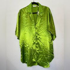 Nwt Satin Green Satin Button-up Tops For Daywear, Green Buttoned Tops For Loungewear, Green Short Sleeve Blouse For Loungewear, Summer Satin Blouse With Button Closure, Sleep Tops With Buttons And Button-up Design, Casual Satin Tops For Daywear, Spring Satin Sleep Top, Victoria Secret Slip Dress, Vintage Victoria Secret