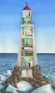 a painting of a lighthouse in the middle of the ocean with waves around it and people inside