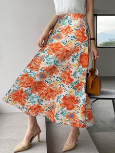 Allover Flower Print A-line Elastic Waist Women Skirt Summer Long Skirt With Floral Print, Orange Skirted Bottoms For Spring, Spring Floral Print Full Maxi Skirt, Spring Floral Print Midi Skirt, Orange Flared Skirt For Spring, Spring Floral Print Flared Skirt, Orange Lined Skirt For Spring, Spring A-line Maxi Skirt, Spring Full Skirt In Orange