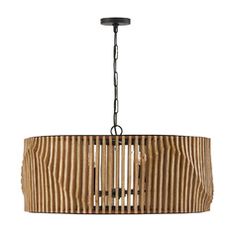 a wooden light fixture hanging from a ceiling