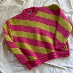 Great Cut. Oversized. Exaggerated Shoulder. Sz S But Will Fit Most Sizes Oversized Multicolor Crew Neck Sweater, Pink Retro Long Sleeve Sweater, Oversized Hand-knitted Pink Sweater, Oversized Pink Playful Sweater, Oversized Multicolor Vintage Sweater, Oversized Sweater, Colorful Sweaters, Scoop Neck, Sweaters For Women