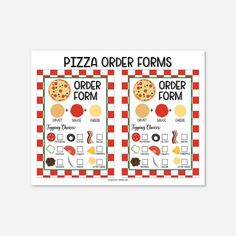 two pizza order forms are shown in red and white checkered paper with the words order form