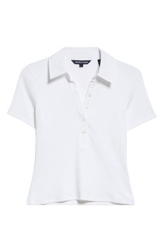 Look good on the links or just hang out on the weekend in this shaped cotton polo made from stretch-enhanced ribbed cotton. 21" length (size Medium) Button half placket Spread collar Short sleeves 97% pima cotton, 3% spandex Machine wash, tumble dry Made in Peru White Ribbed Polo Collar Top, White Ribbed Top With Polo Collar, Fitted Polo Shirt With Ribbed Collar For Golf, Spring Fitted Collared Polo Shirt, Classic Ribbed Cotton Polo Shirt, Fitted Polo Shirt For Workwear In Spring, Fitted Polo Shirt For Spring Workwear, Fitted Ribbed Polo Shirt, Fitted Golf Tops With Ribbed Collar