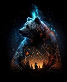 a bear that is sitting in the middle of a forest with stars and shapes on it