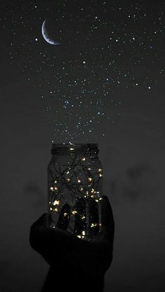 someone is holding up a jar with lights in it and the night sky above them