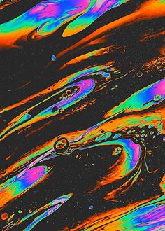 an abstract painting with multicolored lines and bubbles in the water on a black background