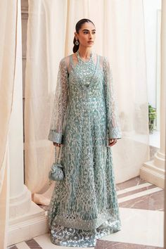 Classic Aqua Blue Embroidered Pakistani Wedding Dress Gown Shirt is a work of art featuring a chic embellished net that Evokes a sense of magnificence. Silver Outfit, Wedding Dress Gown, Silver Outfits, Wedding Dress Outfit, Raw Silk Fabric, Pakistani Wedding Dress, Diy Sewing Clothes, Dress Gown, Pakistani Wedding