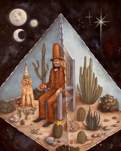 a painting of a man sitting in a chair next to a dog and cactuses