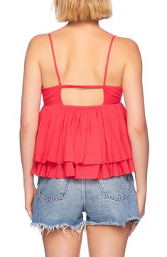 A tiered silhouette creates playful volume in this babydoll-style camisole framed by a deeply plunging neckline and strappy open back. Plunge neck Back elastic waist 100% cotton Spot clean Made in the USA of imported fabric Summer Camisole With Built-in Bra And Ruffled Straps, Chic Camisole With Tie And Ruffled Straps, Flirty Ruffled Cami Tank Top, Flirty Ruffled Camisole Tank Top, Feminine Tank Top With Adjustable Ruffled Straps, Flirty Top With Adjustable Ruffled Straps, Flirty Ruffled Spaghetti Strap Tops, Flirty Cami Tank Top With Ruffles, Flirty Spaghetti Strap Top With Ruffles