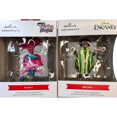 two disney figurines are in the packaging for each character's favorite item