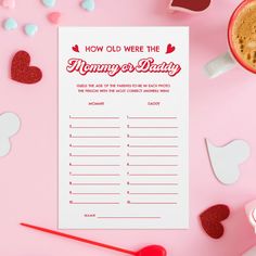 a valentine's day party game with hearts and cup of coffee