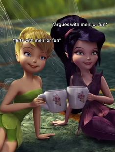 two cartoon characters are sitting on the ground with coffee mugs in front of them