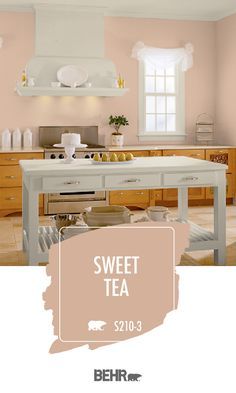 the kitchen is painted pink and has white counter tops with an open shelf above it that says, sweet tea $ 120 - 3