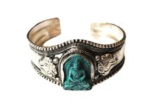 Carved Buddha One Stone Cuff - Unique and eye-catching Boho inspired Buddha bracelet. This one-of-a-kind jewelry is made out of dyed-Howlite engraved into a unique Buddha statue that sits on an ornate stainless steel metal band. It can be paired with any outfit, from Boho to casual. Buddha symbolizes peace, serenity, and wisdom.  May this bracelet bring you all the good energy. Handmade Symbolic Cuff Bracelet For Festivals, Spiritual Festival Bangle Cuff Bracelet, Spiritual Green Bangle Cuff Bracelet, Symbolic Bangle Bracelet For Festivals, Vintage Green Bracelet For Festival, Handmade Spiritual Silver Wristband, Handmade Silver Spiritual Wristband, Traditional Adjustable Green Cuff Bracelet, Green Bangle Bracelets For Festival