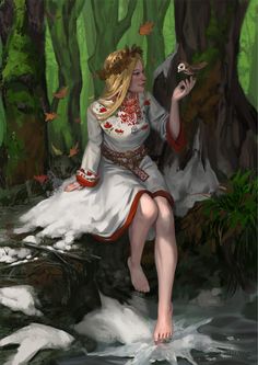 a painting of a woman sitting on a rock next to a stream in the woods