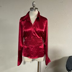 New Red Shiny Collared Long Sleeved Shirt With Back Ties & Flared-Ish Sleeves. Size Xl (Pictures Don’t Do It Justice - Can Provide More Photos Though) Red V-neck Shirt For Fall, Trendy Red Long Sleeve Blouse, Fitted Red Shirt For Party, Chic Red Long Sleeve Blouse, Trendy Red V-neck Shirt, Trendy Red Collared Top, Red Shirt For Spring Party, Burgundy Long Sleeve Tops For Night Out, Red Party Shirt For Spring