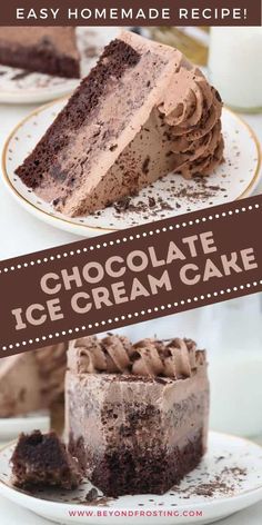 two slices of chocolate ice cream cake on plates with the words easy homemade recipe above them