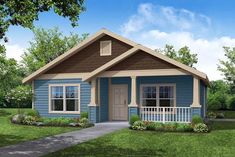 a small blue house with a front porch and two windows on the second floor is shown