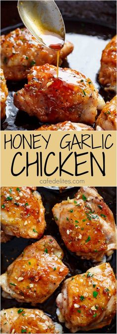 honey garlic chicken is being drizzled with sauce