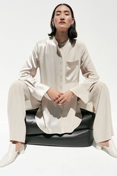 White Leather Jacket, Relaxed Trousers, Resort 2020, Column Dress, Poses References, 2020 Fashion, Satin Shirt, Straight Leg Trousers