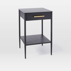 an end table with a drawer on one side and a shelf on the other, against a white background