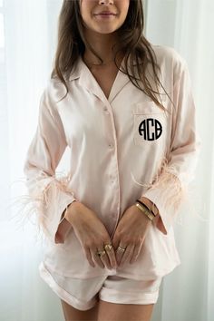 Blush Feather Pajama Shorts Set – Spikes and Seams Bridal Party Robes, Satin Shorts, Wedding Robe, Satin Pants, Gold Monogram, Bridesmaid Robes, Satin Pajamas, Matte Satin, Short Pajama Set