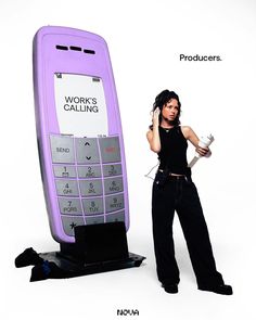 a woman standing next to a cell phone with the words work's calling on it