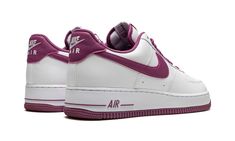 The Nike Air Force 1 Low “Bordeaux” is a two-tone take on the classic lifestyle sneaker.  This clean AF1 arrives in a smooth, white synthetic leather construction across the upper contrasted with hits of Bordeaux, or wine red, for the side Swooshes, heel tab, inner lining, laces, tongue and midsole branding, and rubber outsole.  The classic “AF1” lace dubrae and a mini Swoosh at the top of the toe box complete this fresh look for the Air Force 1 Low. Clean Af1, Classic Lifestyle, Cute Nike Shoes, Nike Air Force 1 07, Cute Nikes, Nike Air Force 1 Low, Stadium Goods, Air Force 1 Low, Nike Air Force 1