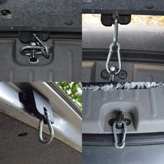 there are two pictures of the inside of a car with chains hanging from it's trunk