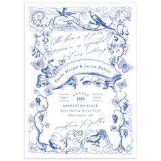 a blue and white wedding card with an ornate design on the front, featuring two birds