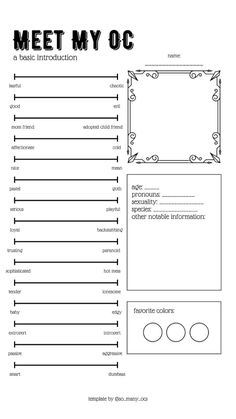 the printable worksheet for meet my oc