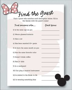 a printable minnie mouse game with the words find the guest