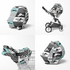 four different views of a baby stroller with various patterns on the front and back