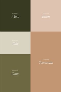 four different color palettes with the words moss, oat and terracotta