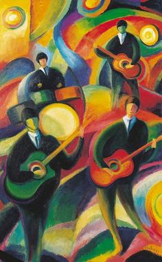 an abstract painting with three men playing guitars