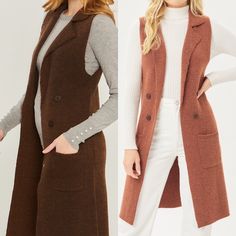 "Introducing our Sleeveless Long Cardigan Knit Vest, the perfect layering piece for any season. Made from a soft and cozy fabric, this vest is designed to keep you comfortable and stylish. The collared neckline adds a touch of sophistication, while the four front buttons create a classic and elegant look. With its sleeveless design and no closure, this cardigan vest offers a relaxed and effortless style that is easy to wear. -No front Closure Small (2/4) 12\" Back Width, Medium (6/8), Large (10) Sleeveless Long Cardigan, Long Sleeveless Cardigan, Layering Cardigan, Cozy Tops, Cardigan Knit, Cozy Fabric, No Closure, Sleeveless Cardigan, Cardigan Vest