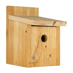 a wooden birdhouse with the door open