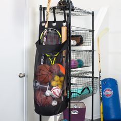 You're all athletes in your house. No sport goes unplayed which is why this sports equipment storage bag is your MVP. The mesh bag lets you easily see and access balls anywhere in the bag, whether it's a basketball, football or soccer ball. The hooks hang conveniently over any door and there's also room for storage for baseball bats, hockey and lacrosse sticks and tennis rackets. When the final whistle blows, drop them all in the sports storage and head for the dinner table. It's time to feed the home team. Honey-Can-Do Sports Equipment Organizer Rack - Wall Mounted Storage for Balls, Rackets, Bats - Convenient Over-the-Door Design Polyester in Black Workout Storage, Sports Equipment Organization, Sports Equipment Storage, Sports Storage, Gear Storage, Football Or Soccer, Garage Organize, Ball Storage, House Deco