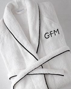 All white 100% Egyptian Cotton Terry spa robe. These bespoke robes are custom made with your color choice for the piped border and custom monogram. Very luxurious with an oversize spa fit and are approximately mid-calf length. Robes are sized for unisex fit. Allow 4-6 weeks production. One of our best selling his and hers engagement and wedding gifts. Price includes the selected monogram. Monogram Bedding, Monogram Robes, Terry Cloth Robe, Custom Robes, Terry Robe, Luxury Robes, Towel Collection, Terry Towel, Monogram Styles