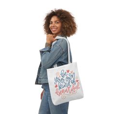 "Be Your Own Kind of Beautiful Empowerment Tote Bag,  Inspirational Tote Bag,  Embrace Your Uniqueness Tote, Embrace Your Beauty Tote Bag Empowerment meets style with our Be Your Own Kind of Beautiful Tote Bag. Crafted from 100% durable polyester canvas, this bag serves as both a fashion statement and a daily reminder to celebrate your individuality. Perfect for quick errands, shopping trips, or longer journeys, it's the ultimate accessory to carry your essentials while spreading positivity. Per Self Acceptance Quotes, Acceptance Quotes, Bag Quotes, Be Your Own Kind Of Beautiful, Everyday Tote, Grocery Shop, Inspirational Message, Canvas Tote, Unique Fashion