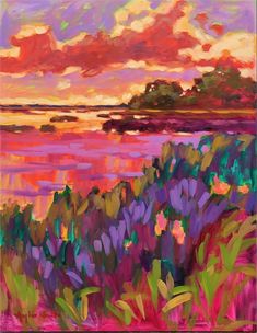 an oil painting of purple and green plants in front of a sunset over the ocean