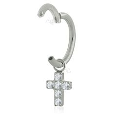 a silver nose ring with cross design and clear crystal stones on the bottom, set in 18k white gold