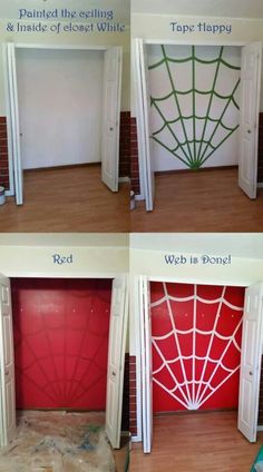 four pictures showing how to decorate a room with spider webs on the walls and doors