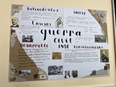 a piece of paper with words and pictures on it that are pinned to the side of a wall