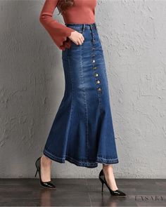 Lasaky - Premium Midnight Blue High-Waisted Buttoned Pencil Skirt with Exquisite Whitewashed Detailing - Available in Various Sizes 26-40 Full Length Non-stretch Denim Blue Denim Skirt, Non-stretch Full Length Denim Blue Skirt, Non-stretch High Rise Fall Skirt, Non-stretch High-waisted Skirt With Button Closure, High-waisted Non-stretch Skirt With Button Closure, Fitted Denim Blue Skirt With Buttons, Non-stretch Mid-rise Denim Blue Skirt, Denim Blue High Waist Skirt For Fall, High Waist Denim Blue Skirt For Fall