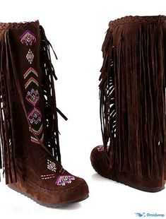 OrcaJump - Womens Nubuck Leather Cowboy Knee Boots with Tasseled Round Toe and Floral Accents in Light Brown, Black, Festival Boots With Tassels And Round Toe, Brown Tasseled Boots For Festivals, Brown Fringe Boots For Festival, Casual Brown Boots With Tassels, Brown Bohemian Boots With Tassels, Bohemian Brown Boots With Tassels, Floral Heels, Nubuck Leather, Rubber Heels