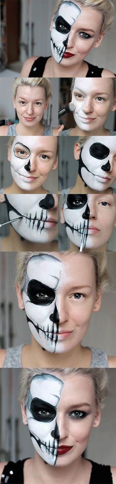 How To Paint A Skull On Your Face, Skeleton Makeup Half Face Simple, Half Scary Half Pretty Makeup, Make Up Fantasi Simple, Glam Skull Makeup Half Face, Half Skull Half Face Makeup, Halloween Skeleton Makeup Half Face, Halloween Half Face Makeup, Skull Makeup Half Face