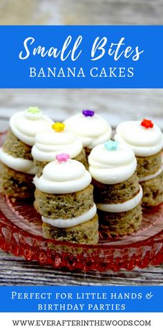 small bites banana cakes with white frosting and sprinkles on a red plate